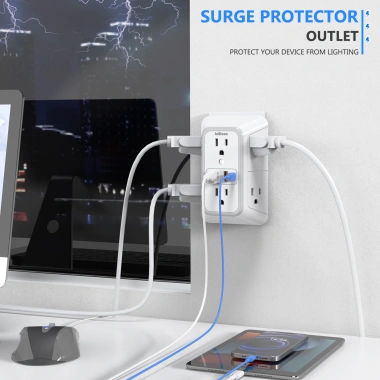 Ổ cắm 3 mặt chống sét - Bộ chia 6 ổ cắm, 4 cổng USB (2 USB-C) cho gia đình, văn phòng, du lịch, chỉ 220k