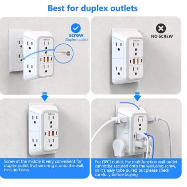 Ổ cắm 3 mặt chống sét - Bộ chia 6 ổ cắm, 4 cổng USB (2 USB-C) cho gia đình, văn phòng, du lịch, chỉ 220k