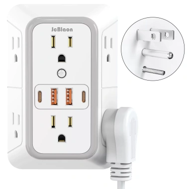 Ổ cắm 3 mặt chống sét - Bộ chia 6 ổ cắm, 4 cổng USB (2 USB-C) cho gia đình, văn phòng, du lịch, chỉ 220k