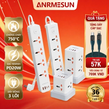 Ổ cắm ANRMESUN 2.400W - Sạc nhanh USB‑C PD 20W, chống cháy nổ, chống giật, lõi đồng