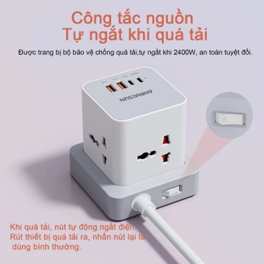 Ổ cắm ANRMESUN 2.400W - Sạc nhanh USB‑C PD 20W, chống cháy nổ, chống giật, lõi đồng
