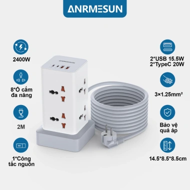 Ổ cắm ANRMESUN 2.400W - Sạc nhanh USB‑C PD 20W, chống cháy nổ, chống giật, lõi đồng 10 Ổ cắm ANRMESUN 2.400W - Sạc nhanh USB‑C PD 20W, chống cháy nổ, chống giật, lõi đồng 10