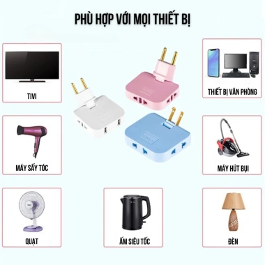 Ổ cắm chia điện 2.500W xoay 180°, 3 chân tròn dẹt - Đen/Trắng/Xanh/Hồng, giá 19.400₫