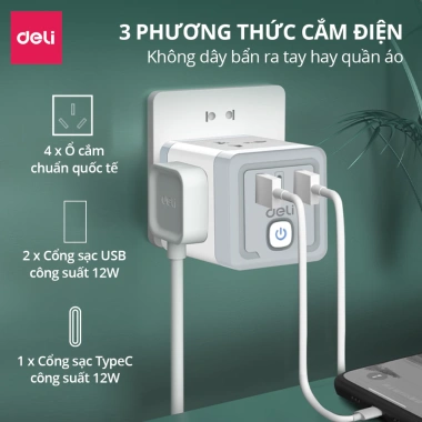Ổ Cắm Chia Điện Đa Năng DELI 2.500W Cổng Sạc USB TypeC Chống Giật An Toàn Giá Siêu Tiết Kiệm 160k