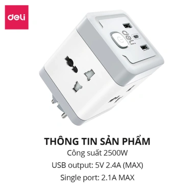 Ổ Cắm Chia Điện Đa Năng DELI 2.500W Cổng Sạc USB TypeC Chống Giật An Toàn Giá Siêu Tiết Kiệm 160k