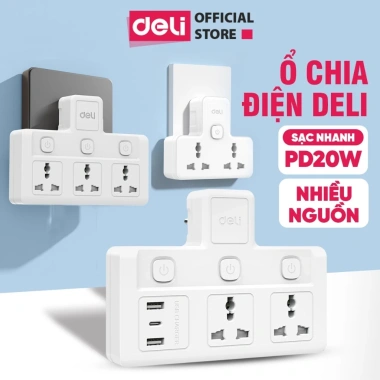 Ổ Cắm Chia Điện Deli Chữ T Không Dây và USB TypeC PD20W giá 57.000 VND