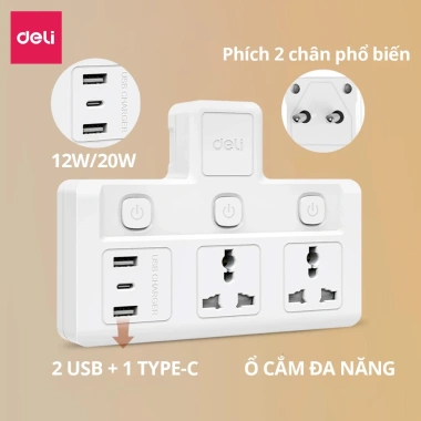 Ổ Cắm Chia Điện Deli Chữ T Không Dây và USB TypeC PD20W giá 57.000 VND