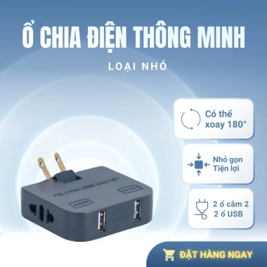 Ổ cắm chuyển đổi 1 sang 3 + USB xoay 180°, gắn tường kiểu Châu Âu, chỉ 21.800₫