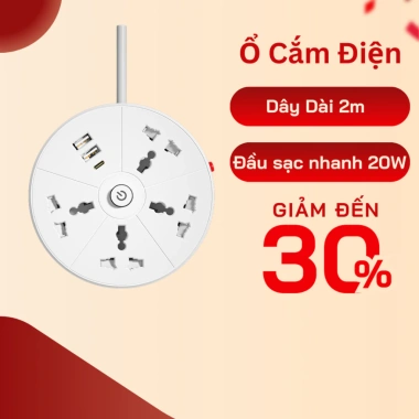 Ổ Cắm Đa Năng 2.500W USB Type C Xoay Tròn 2m Công Tắc An Toàn Đèn Ngủ Giá 500k