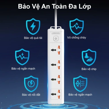 Ổ Cắm Đa Năng ANRMESUN 2.400W Chống Cháy Chống Giật, An Toàn, Sạc Nhanh, Dây Cáp 2-3m Lõi Đồng
