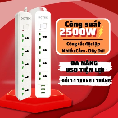 Ổ Cắm Đa Năng DCTEK 2.500W, 3 USB, Nhựa PC Chống Cháy Giật, Dây dài 3-5m - Giá chỉ 99.000 VND 9 Ổ Cắm Đa Năng DCTEK 2.500W, 3 USB, Nhựa PC Chống Cháy Giật, Dây dài 3-5m - Giá chỉ 99.000 VND 9