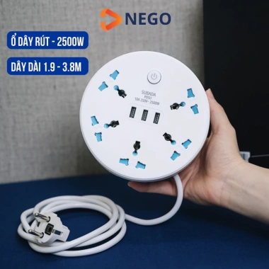 Ổ cắm đa năng Nego 2.500W cổng USB, dây rút 1,9‑3,8m, chống giật, chịu nhiệt, 240.000₫