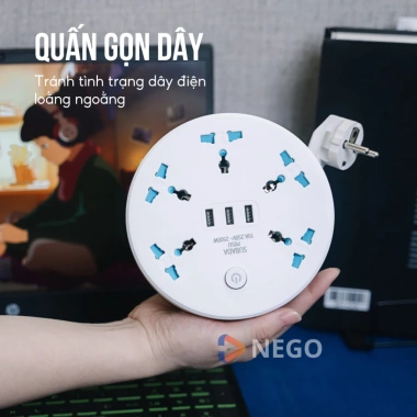 Ổ cắm đa năng Nego 2.500W cổng USB, dây rút 1,9‑3,8m, chống giật, chịu nhiệt, 240.000₫ 2