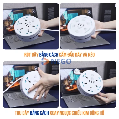 Ổ cắm đa năng Nego 2.500W cổng USB, dây rút 1,9‑3,8m, chống giật, chịu nhiệt, 240.000₫ 3