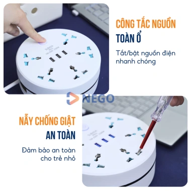 Ổ cắm đa năng Nego 2.500W cổng USB, dây rút 1,9‑3,8m, chống giật, chịu nhiệt, 240.000₫ 6