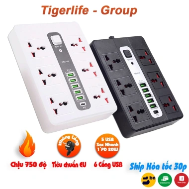 Ổ cắm đa năng Tigerlife GKKA39 6 ổ + 6 cổng sạc, PD nhanh 2.500W - 198.950₫