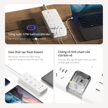 Ổ Cắm Đa Năng Xiaomi 3 Cổng USB 67W Sạc Nhanh, Dải Phích 1.8m 2.500W 10A - Giá Ưu Đãi 309.000₫