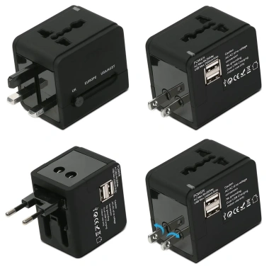 Ổ cắm điện đa năng du lịch quốc tế 2 cổng USB - Đen, chuẩn an toàn, giá chỉ 44.550₫