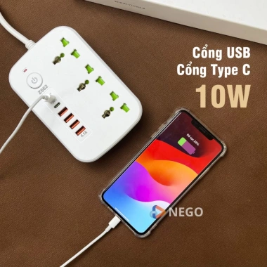 Ổ cắm điện đa năng Nego 2.500W dây 3m, USB & Type-C 10W, công tắc toàn ổ, an toàn chống giật OD38E - 163k 2