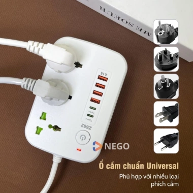 Ổ cắm điện đa năng Nego 2.500W dây 3m, USB & Type-C 10W, công tắc toàn ổ, an toàn chống giật OD38E - 163k 5