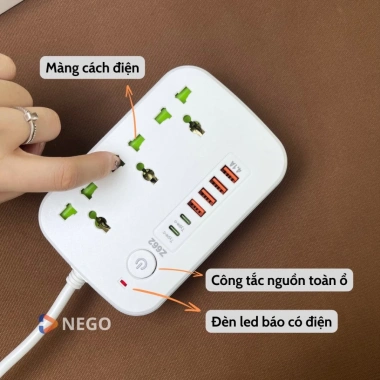 Ổ cắm điện đa năng Nego 2.500W dây 3m, USB & Type-C 10W, công tắc toàn ổ, an toàn chống giật OD38E - 163k 6