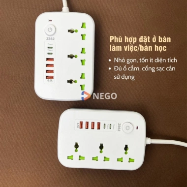 Ổ cắm điện đa năng Nego 2.500W dây 3m, USB & Type-C 10W, công tắc toàn ổ, an toàn chống giật OD38E - 163k 8