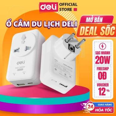 Ổ Cắm Điện Deli Du Lịch 4 Phân 1 USB + TypeC Sạc Nhanh 20W - Mẫu Mới 2.026