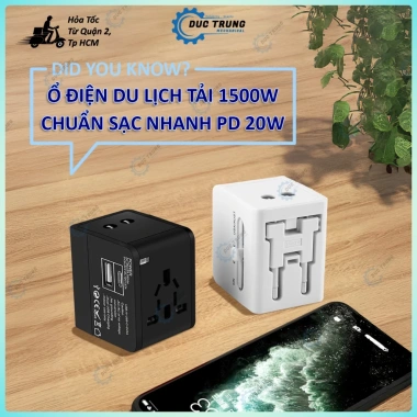 Ổ cắm điện du lịch 1.500W đa năng, sạc nhanh PD 20W, chuyển đổi mọi chân cắm, vỏ ABS chắc chắn - 194.999