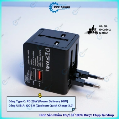 Ổ cắm điện du lịch 1.500W đa năng, sạc nhanh PD 20W, chuyển đổi mọi chân cắm, vỏ ABS chắc chắn - 194.999