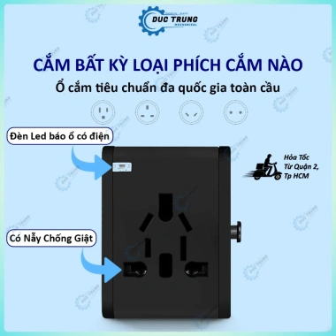 Ổ cắm điện du lịch 1.500W đa năng, sạc nhanh PD 20W, chuyển đổi mọi chân cắm, vỏ ABS chắc chắn - 194.999