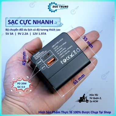 Ổ cắm điện du lịch 1.500W đa năng, sạc nhanh PD 20W, chuyển đổi mọi chân cắm, vỏ ABS chắc chắn - 194.999