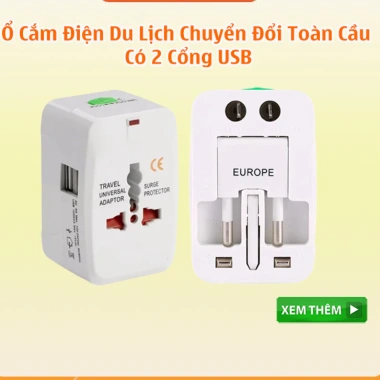 Ổ Cắm Điện Du Lịch 2 Cổng USB + Type-C, Hỗ Trợ 150 Quốc Gia, 2.400mA - Giá 110k