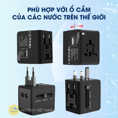 Ổ cắm điện du lịch Hotech 1.500W sạc nhanh PD20W đa năng, chống cháy, chống giật, mọi loại chân cắm OCDCH 2