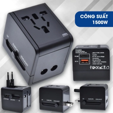Ổ cắm điện du lịch Hotech 1.500W sạc nhanh PD20W đa năng, chống cháy, chống giật, mọi loại chân cắm OCDCH 3