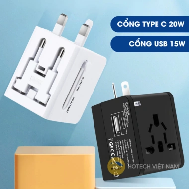 Ổ cắm điện du lịch Hotech 1.500W sạc nhanh PD20W đa năng, chống cháy, chống giật, mọi loại chân cắm OCDCH 4