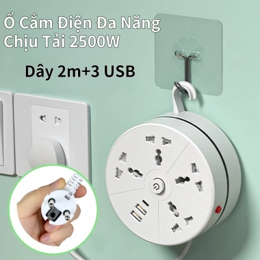 Ổ Cắm Điện Thông Minh 2m 3 USB, Công Suất 2.500W, Đa Năng, Dây Dài 2m