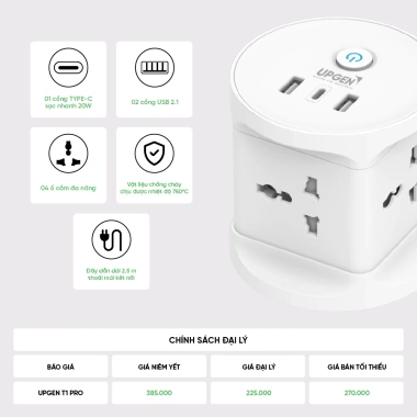 Ô cắm điện UPGEN T1 PRO 2 USB và TypeC, 2.500W, dây 2.5m - Giá chỉ 310.000₫