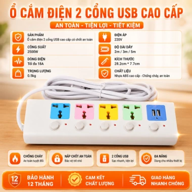 Ổ Cắm Điện USB Đa Năng 2.500W Dài 4m Chống Giật, Khóa Bảo Vệ - Giá Giảm 65.999₫ 2 Ổ Cắm Điện USB Đa Năng 2.500W Dài 4m Chống Giật, Khóa Bảo Vệ - Giá Giảm 65.999₫ 2