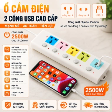 Ổ Cắm Điện USB Đa Năng 2.500W Dài 4m Chống Giật, Khóa Bảo Vệ - Giá Giảm 65.999₫ 3 Ổ Cắm Điện USB Đa Năng 2.500W Dài 4m Chống Giật, Khóa Bảo Vệ - Giá Giảm 65.999₫ 3