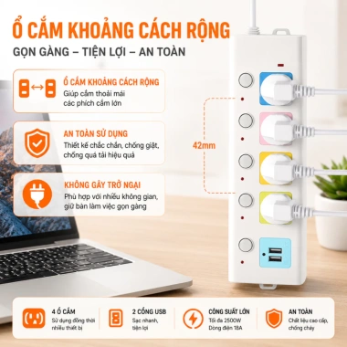 Ổ Cắm Điện USB Đa Năng 2.500W Dài 4m Chống Giật, Khóa Bảo Vệ - Giá Giảm 65.999₫