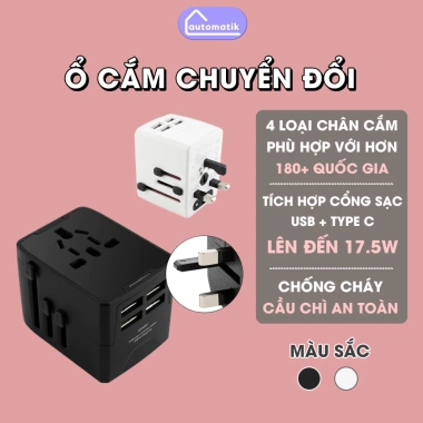 Ổ Cắm Du Lịch Automatik - Cốc Sạc Đa Năng Toàn Cầu, Chuyển Đổi 4 Quốc Gia, Giá Giảm 195k
