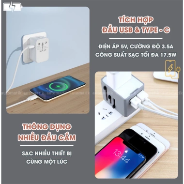Ổ Cắm Du Lịch Automatik - Cốc Sạc Đa Năng Toàn Cầu, Chuyển Đổi 4 Quốc Gia, Giá Giảm 195k