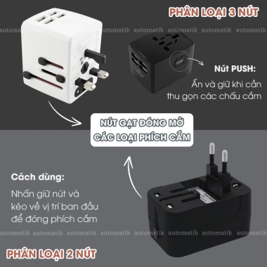 Ổ Cắm Du Lịch Automatik - Cốc Sạc Đa Năng Toàn Cầu, Chuyển Đổi 4 Quốc Gia, Giá Giảm 195k