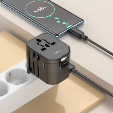 Ổ cắm du lịch đa năng Hoco AC15 sạc nhanh 20W - 2 USB, 8A/230V & 110V, 4 chân US-UK-EU-AUS, giá 225.000₫