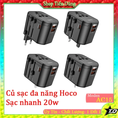 Ổ cắm du lịch đa năng Hoco AC15 sạc nhanh 20W - 2 USB, 8A/230V & 110V, 4 chân US-UK-EU-AUS, giá 225.000₫