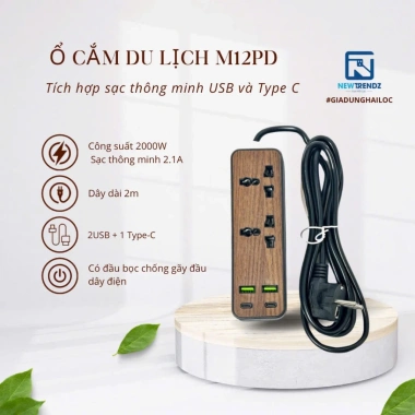 Ổ Cắm Du Lịch Đa Năng M12PD 2.000W - Sạc USB và Type-C, Dây 2m, Giá 120k 3