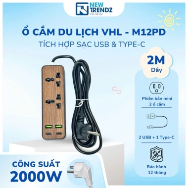 Ổ Cắm Du Lịch Đa Năng VHL M12PD 2.000W Dây 2m Sạc USB và Type-C An Toàn