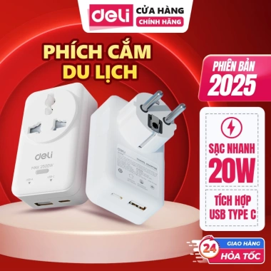 Ổ Cắm Du Lịch Deli Đa Năng, Chuyển Đổi 3 Phích Quốc Tế, Sạc Nhanh 20W Type C USB 160.000₫
