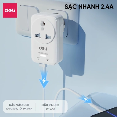Ổ Cắm Du Lịch Deli Đa Năng, Chuyển Đổi 3 Phích Quốc Tế, Sạc Nhanh 20W Type C USB 160.000₫