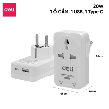 Ổ Cắm Du Lịch Deli Đa Năng, Chuyển Đổi 3 Phích Quốc Tế, Sạc Nhanh 20W Type C USB 160.000₫ 8 Ổ Cắm Du Lịch Deli Đa Năng, Chuyển Đổi 3 Phích Quốc Tế, Sạc Nhanh 20W Type C USB 160.000₫ 8